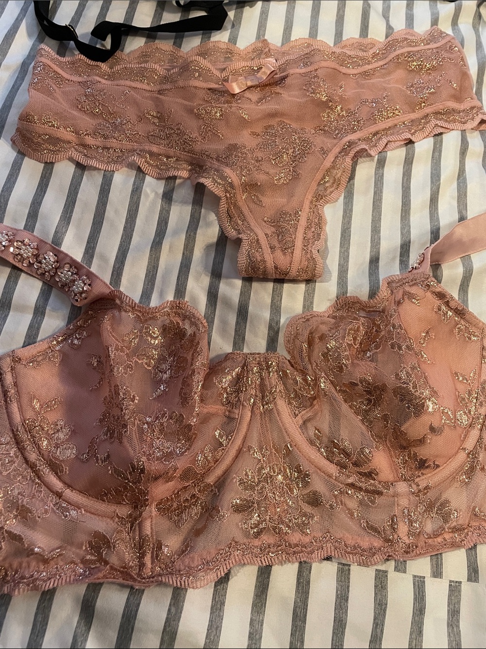 Three sets of Lacey, Strappy Lingerie Set, Red, Black and Blush - Picture 2 of 7